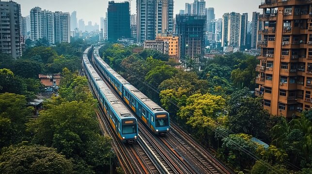 This urban train scene highlights sustainable transit. Used in city planning, transportation ads, or environmental reports, it symbolizes eco-friendly mobility, urban growth