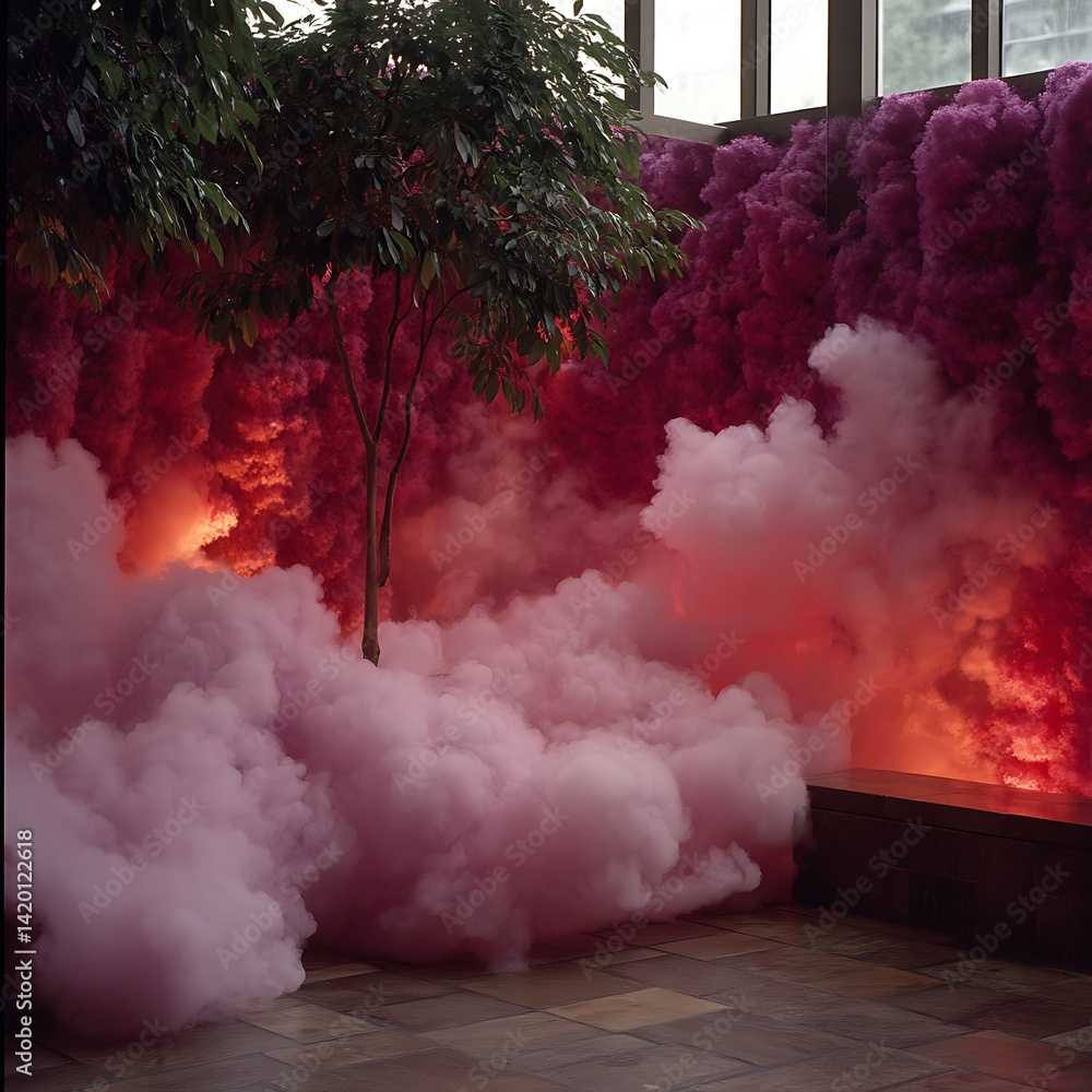 Poster ethereal display with lush green tree and pink smoke clouds creating an enchanting visual ambiance