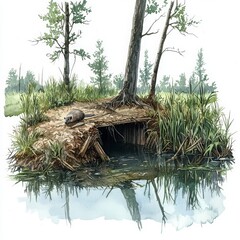 Beaver Lodge in Tranquil Wetland with Reflection and Surrounding Trees