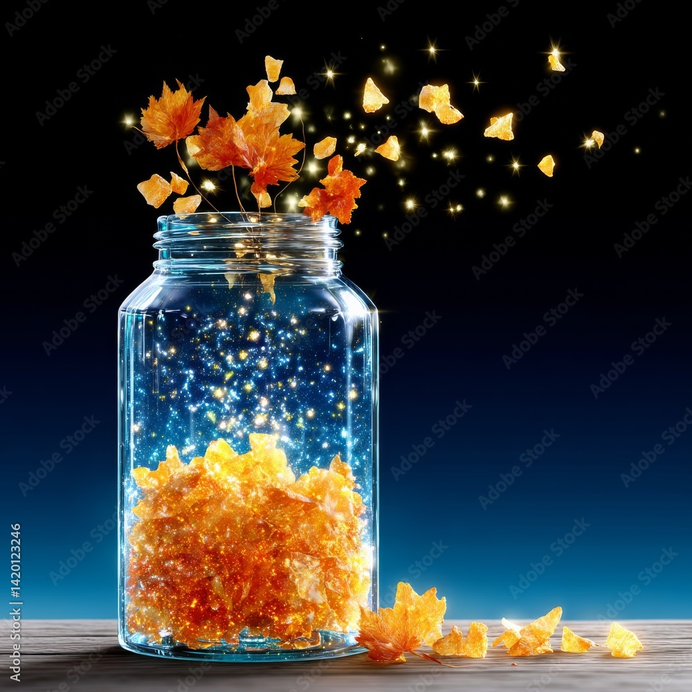 Poster A jar of autumn magic: Capturing the essence of fall with luminous leaves and enchanting sparkles against a dark backdrop.