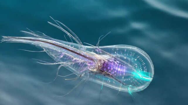 Transparent sea salp swimming in clear ocean water, marine invertebrate with gelatinous body, underwater plankton with intricate details and visible internal organs