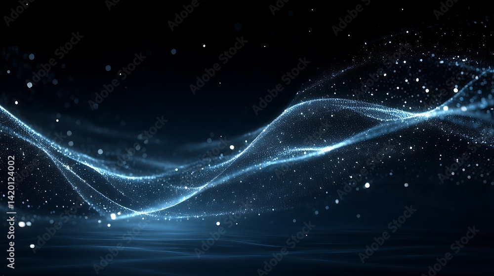 Poster ethereal flowing light particle streams subtle gradient depth field sparkling elegance backdrop.