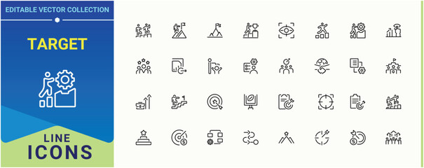 Target icon set in linear style. Pack of success, win, achieve and more. Goals vector icon set. Vector icons collection. Editable vector illustration.
