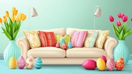 Springtime living room decorated with Easter eggs and tulips.