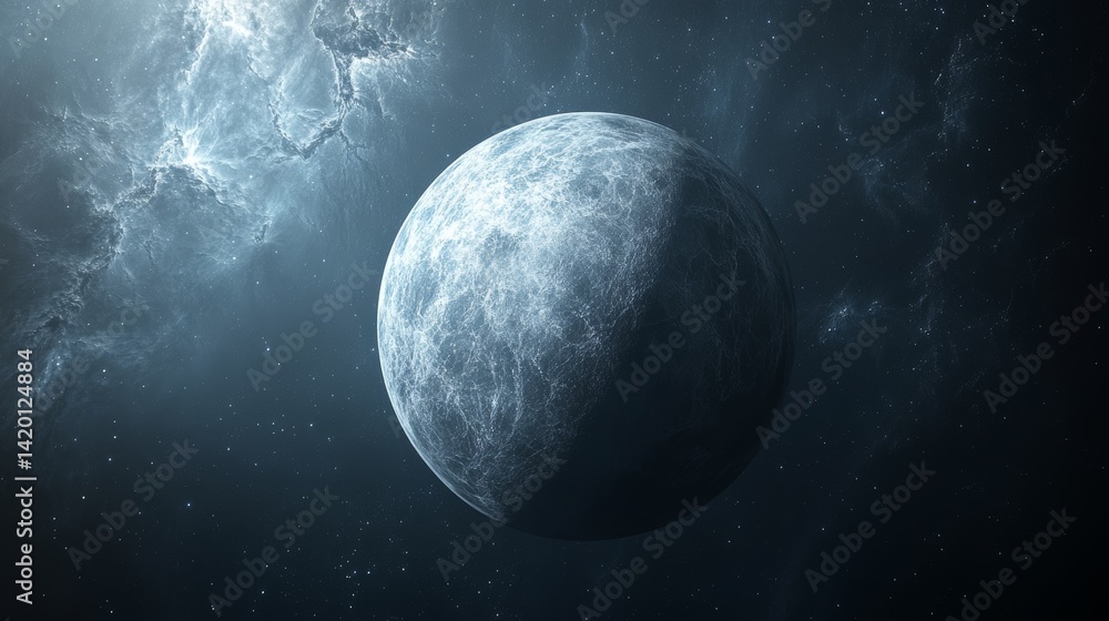 Poster a planet with visible city lights stands alone, surrounded by a nebula and a multitude of stars in t