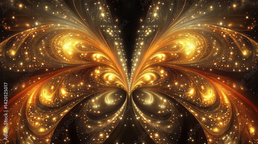 Poster in the vast and mysterious universe, a resplendent current of golden illumination and twinkling cele