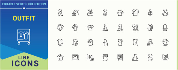 Outfit icon set. Contains outline symbols like clothing, clothes, apparel, wear, cloth, garment. Dress linear icon collection. Isolated icons. Editable stroke. Pixel Perfect.
