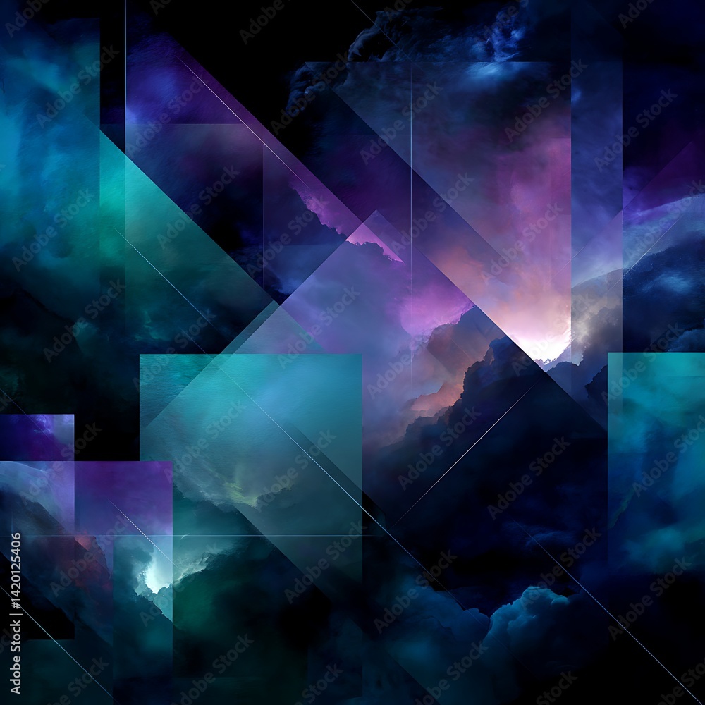 Poster ethereal geometric cloudscape a symphony of angles and atmosphere divine abstraction.