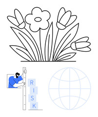 Flowers in bloom, individual measuring risk with a scale, abstract globe icon. Ideal for growth, sustainability, decision-making, global awareness, strategy planning, analytics simple landing page