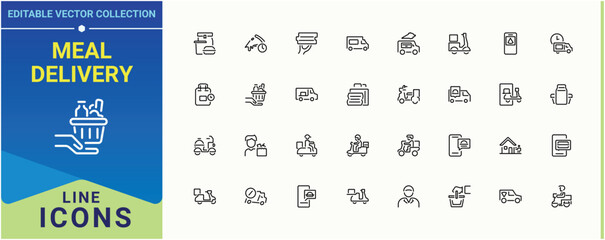 Meal Delivery line icon set. Includes thin line symbols order, food, delivery, courier and more. Food Delivery icon set. Minimalist icons pack. Editable stroke. Pixel Perfect.