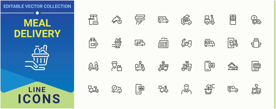Meal Delivery line icon set. Includes thin line symbols order, food, delivery, courier and more. Food Delivery icon set. Minimalist icons pack. Editable stroke. Pixel Perfect.