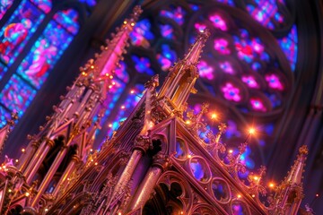 Obraz premium Gothic architecture detail historic cathedral stained glass art sacred environment close-up view spiritual concept
