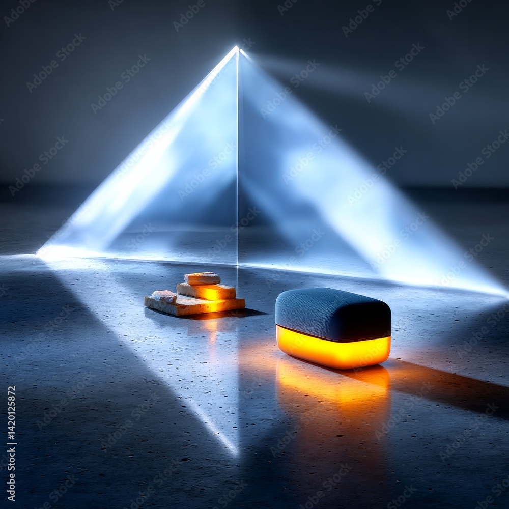 Aufkleber Illuminated Stage: Modern Objects in a Pyramid of Light, a Study in Contrast and Warmth