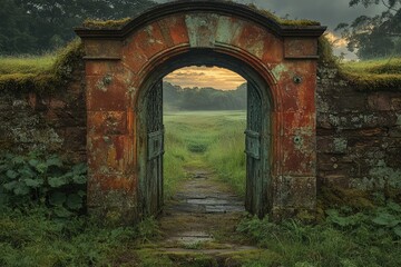 Obraz premium Stone archway leads to a green field with trees in the distance.