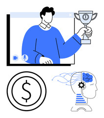 Person holding trophy during virtual conference, dollar sign, and AI-brainhead symbols. Ideal for innovation, technology, business success, online events, remote learning, creativity simple landing