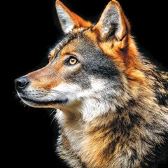 Obraz premium Majestic Golden Jackal Portrait: A close-up profile shot against a stark black backdrop emphasizing its wild beauty.