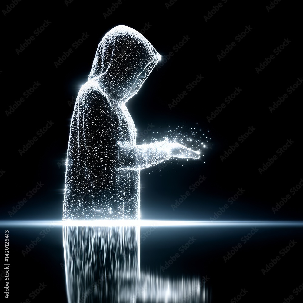 Poster Mystical Figure Cloaked in Light: An Enigmatic Being Conjuring Luminescent Particles Against a Dark Void, With Reflection