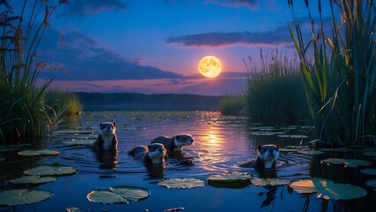 Otter Family Swimming in Lake under Full Moon with Lily Pads