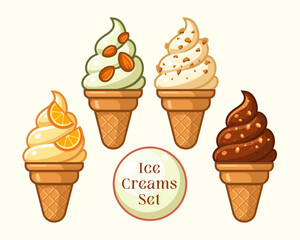 Ice Cream Cones Set with Various Flavors and Toppings