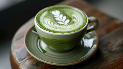 A close up of a green matcha latte with latte art in a green cup on a matching green saucer on wood .