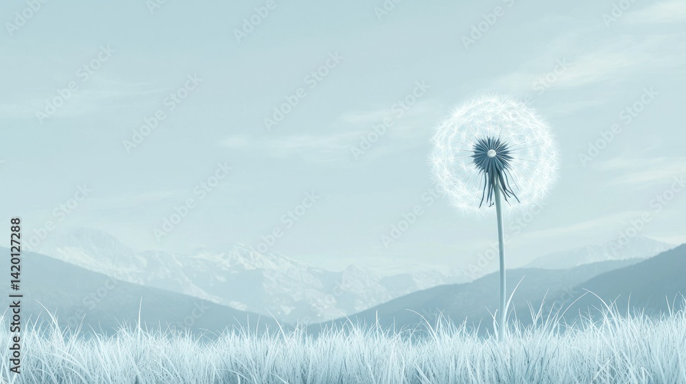 Poster a minimalistic design featuring a large dandelion icon over a clean, open landscape with soft colors