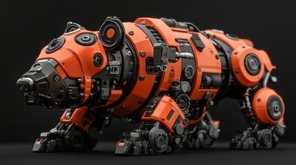 Fototapeta premium A detailed mechanical bull, characterized by its orange and black metal parts, stands in the shadows against a dark backdrop