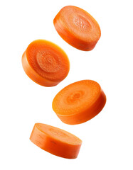 Fresh carrot slices falling on transparent background