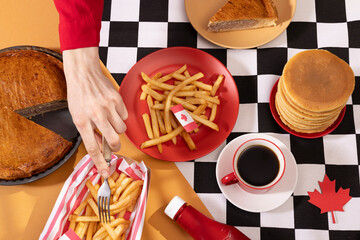 Canada Day traditional food concept. A girl in a classy cafe eats in Canada. Breakfast and lunch.