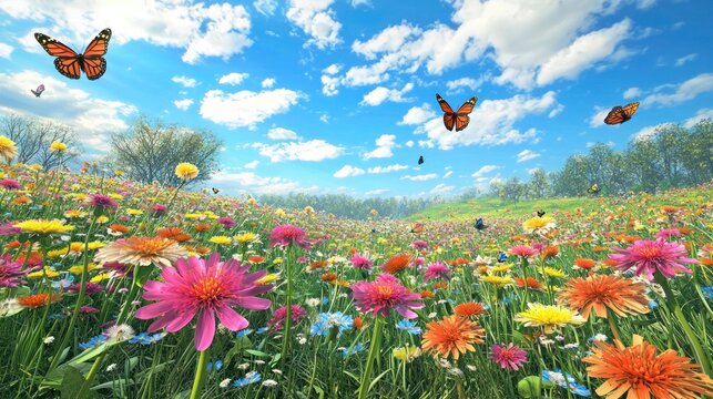 Fototapeta A vibrant spring meadow full of blooming dandelions, with butterflies and bees buzzing around.