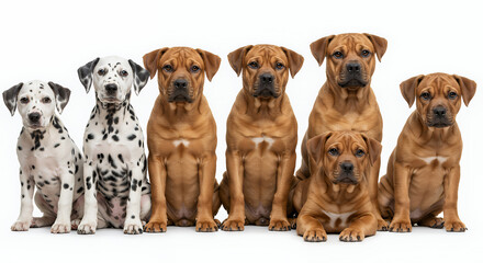 Adorable Dalmatian and Boerboel Puppies Sitting Together in a Row on White Background