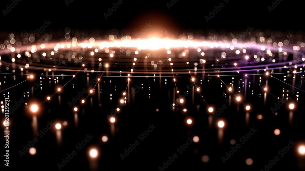 Poster ethereal network of light points forming a cosmic structure with a glowing central nucleus effect.