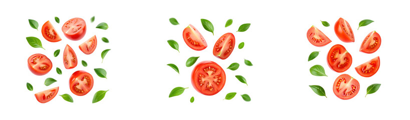 Naklejka premium Fresh tomato slices and basil leaves falling on a white background composition