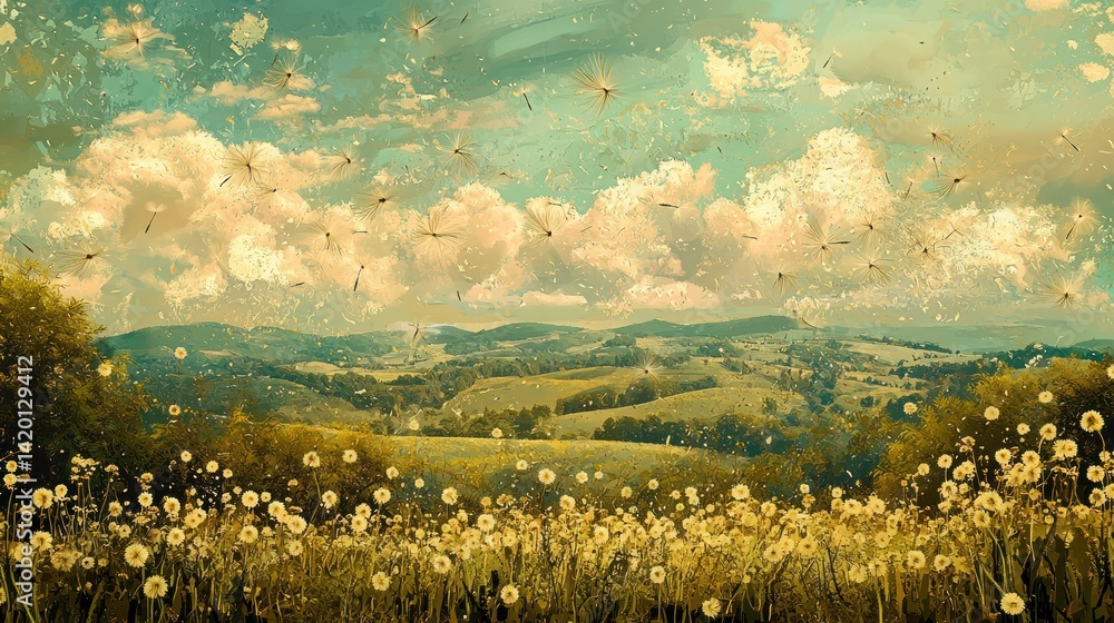 Poster a fabric-like scene with dandelion patterns across a soft, rolling countryside landscape.