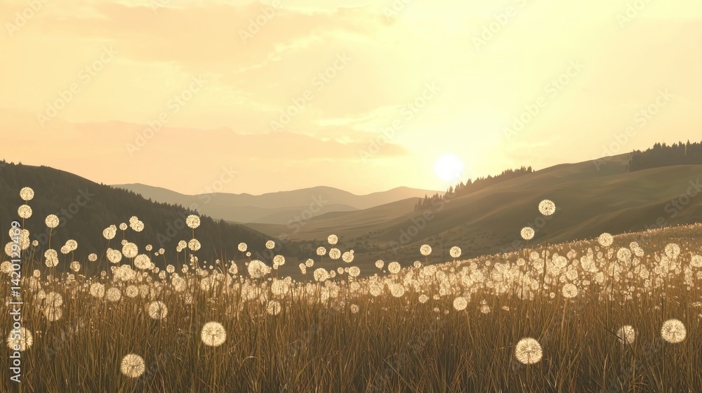Poster a fabric-like scene with dandelion patterns across a soft, rolling countryside landscape.
