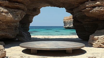 Serene ocean view through rocks, platform foreground