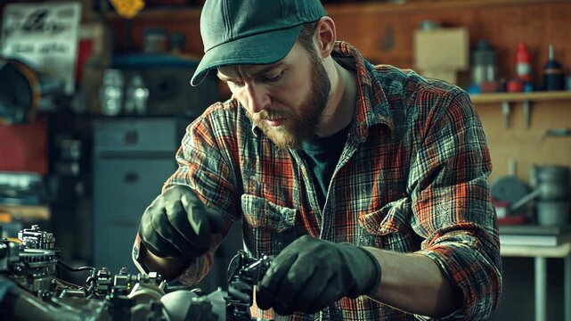 Skilled mechanic repairs engine parts in local workshop during daytime