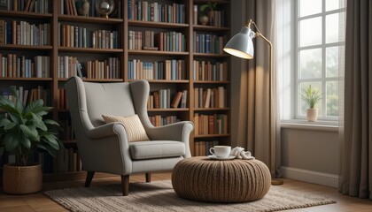 Comfortable Reading Nook in a Cozy Library With Natural Light Pouring in During the Afternoon