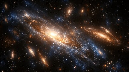 Naklejka premium Cosmic galaxy cluster. Used in astronomy education, sci-fi media, or space exploration ads. Symbolizes the universe’s vastness