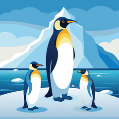 Obraz premium Three emperor penguins stand close together on the Antarctic ice, facing a lone smaller penguin in the distance under a clear, pale blue sky.