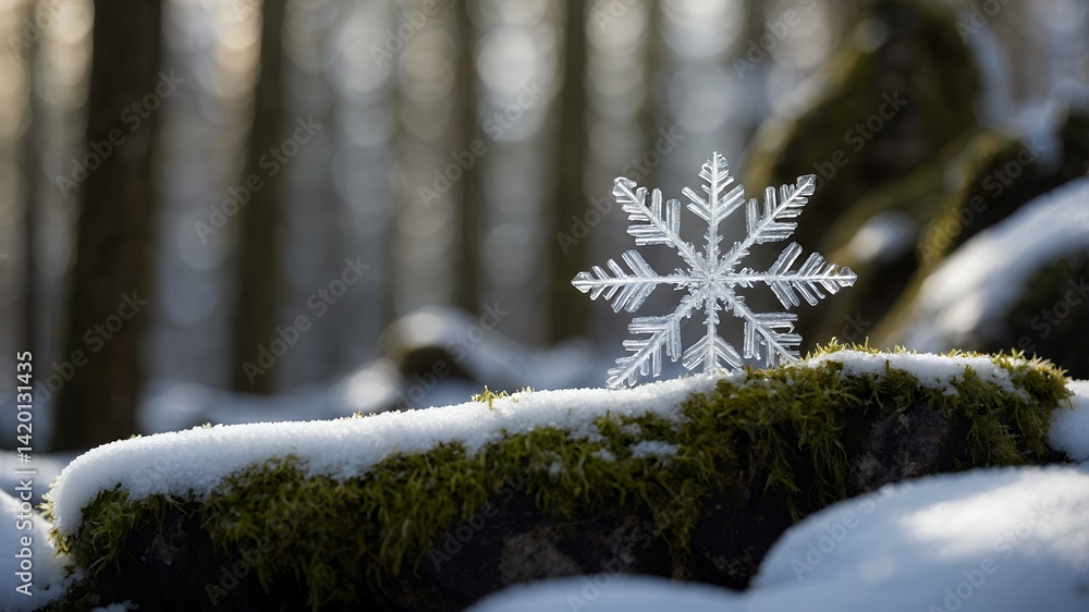 Poster snowflake resting on snowy moss in a winter forest setting