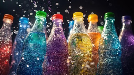 Vibrant soda bottles. Targets beverage ads, youth-focused marketing, or party themes. Symbolizes refreshment, youthful energy, and fizzy indulgence for social gatherings or outdoor fun.