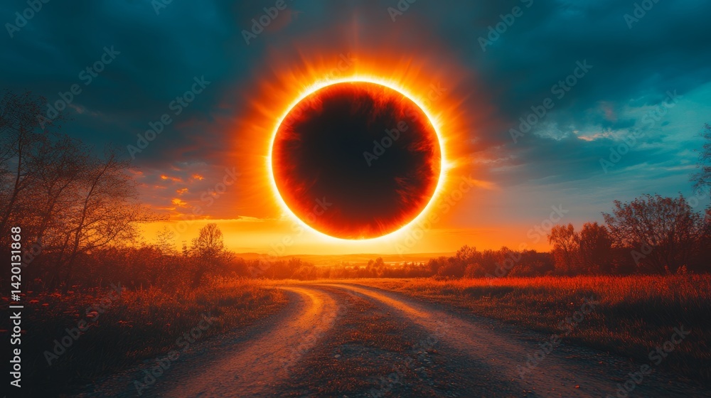 Poster an eclipse is visible in the sky over a field at sunset, with a path leading off into the distance u