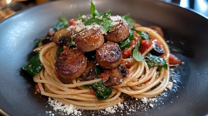 Perfectly styled pasta dish of spaghetti, pan-seared sausage, and sweet caramelized mushrooms