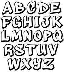 Graffiti letters set, vector hand drawn graffiti alphabet font A to Z, white letters with black outline and black shadow