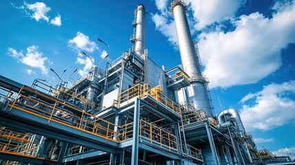 Fototapeta premium Industrial chemical complex. Highlights manufacturing scale and environmental impact. Used in engineering reports, pollution studies, or economic debates on industrial progress versus ecological costs