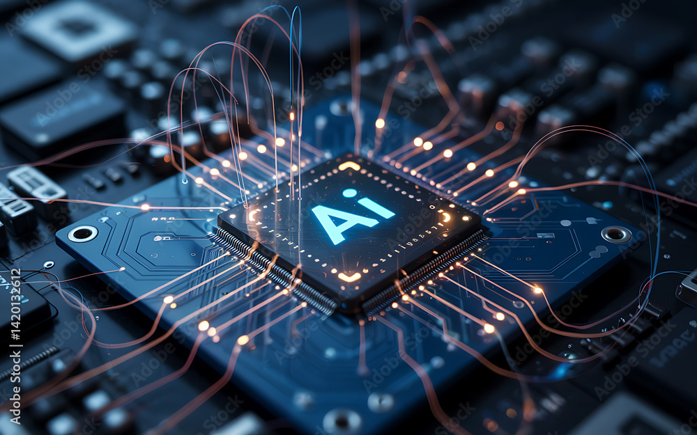Poster artificial intelligence microchip and circuit board technology concept