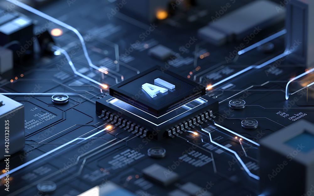 Poster artificial intelligence microchip on circuit board technology concept