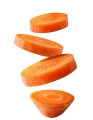 Fresh carrot slices falling on transparent background