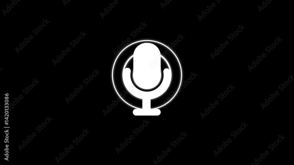 Poster white color radio wave and voice recording podcast mic microphone button icon animation with black b