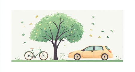Serene Summer Scene: Bicycle, Car, and Lush Tree Illustration